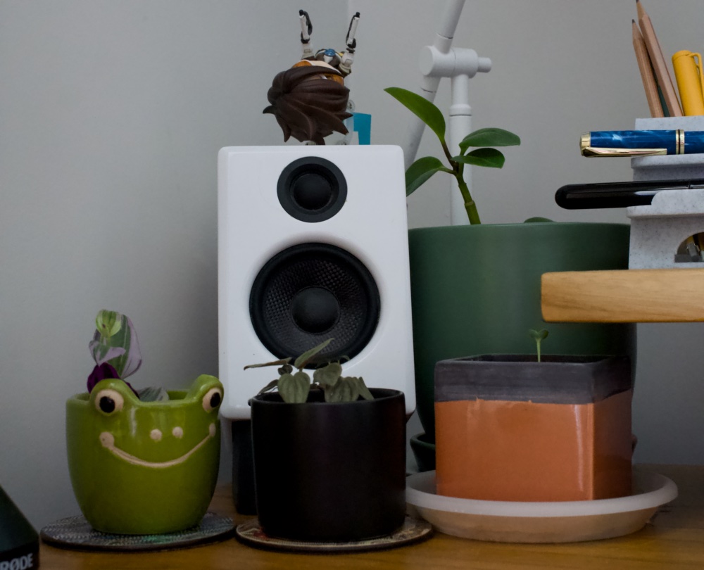 My little AudioEngine A2s surrounded by plants and stationery